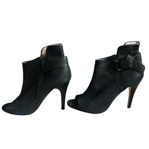 Also Women’s Genuine Black Leather Open Toe Heel Boots w/ Gold Buckle- Size 7